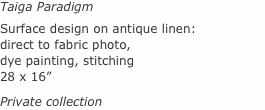 Taiga Paradigm Surface design on antique linen: direct to fabri